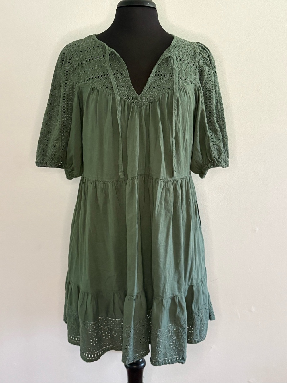 Old Navy Olive Green Eyelet Tiered Mini Dress Large